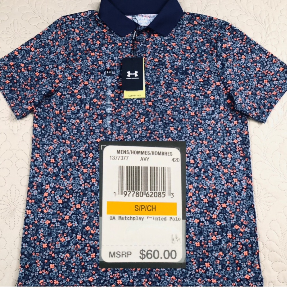 NEW..MEN SMALL UNDER ARMOUR MATCHPLAY PRINTED GOLF POLO (WASHED BLUE MULTI)